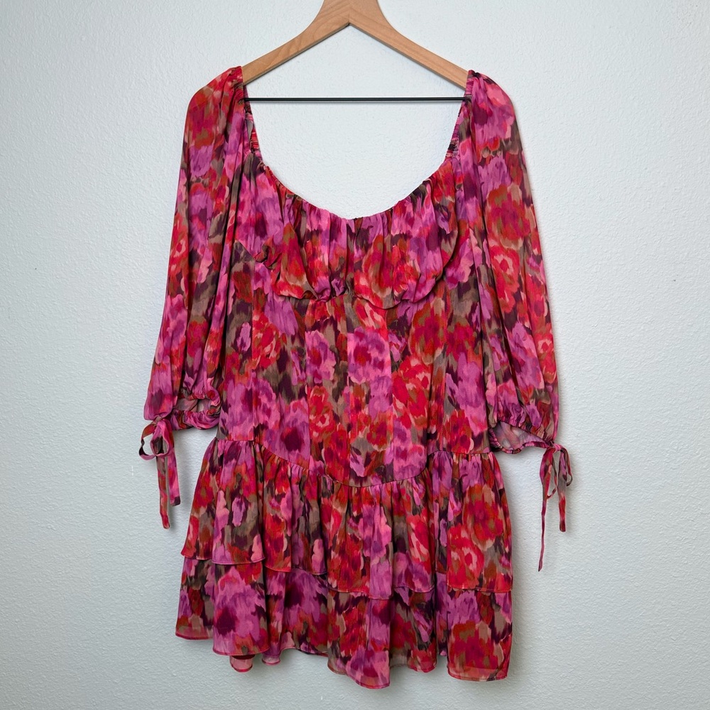 Showpo. Clabelle Vibrant Mini Dress Floral Pink/Purple Sheer Flowy Size-14 NWT - Picture 4 of 8